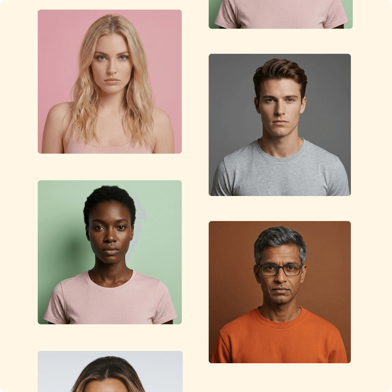 A large grid image of multiple male and female estetiq AI generated fashion models of different ages and ethnicities.